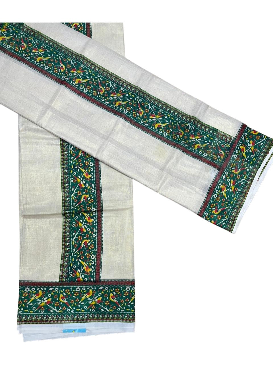 Southloom Tissue Single Set Mundu (Mundu Neriyathum) With Digital Print in Green (With Blouse Piece) 2.80 Mtrs SL409
