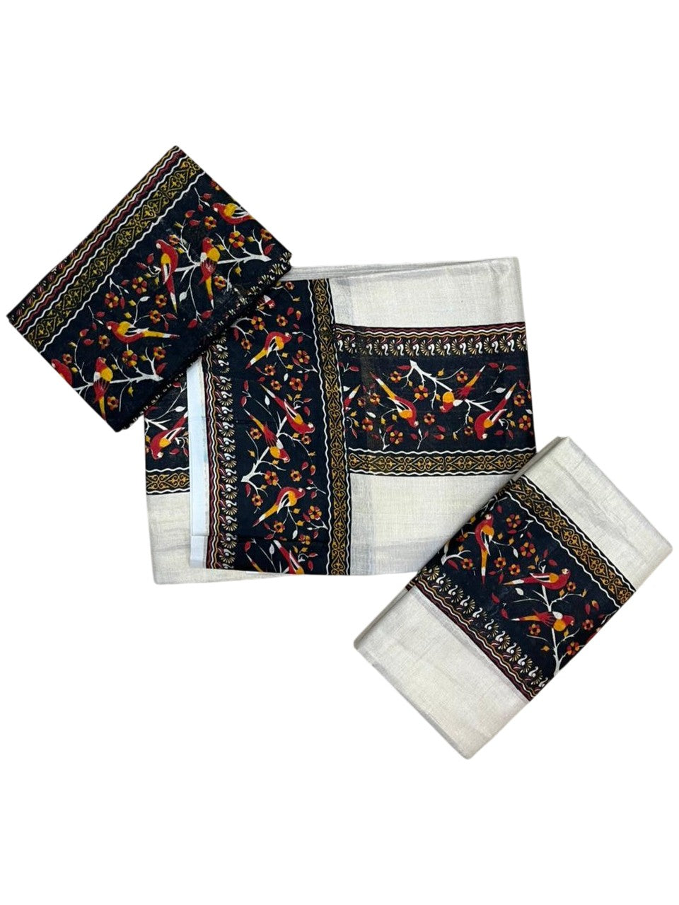 Southloom Tissue Single Set Mundu (Mundu Neriyathum) With Digital Print in Black (With Blouse Piece) 2.80 Mtrs SL409
