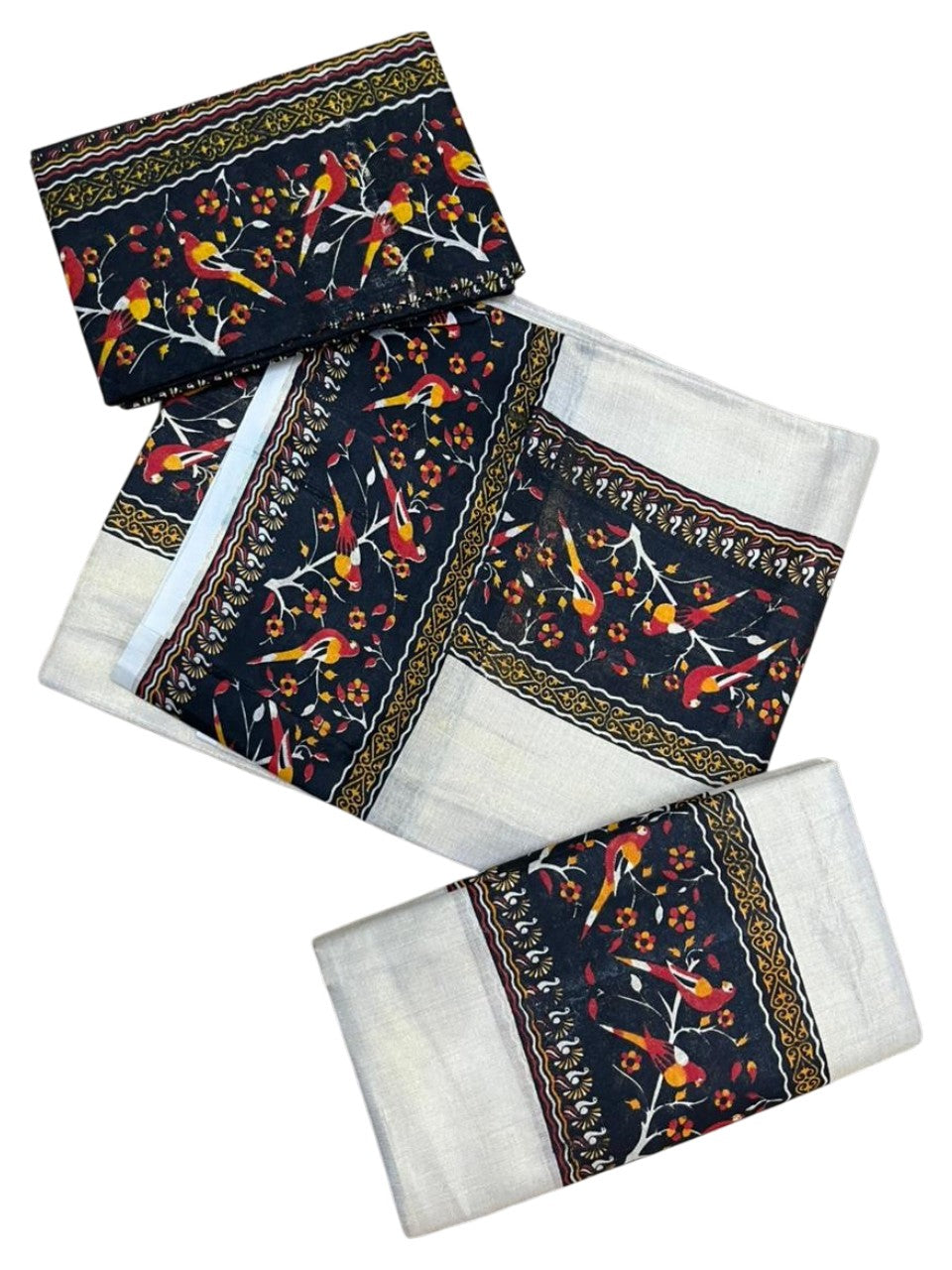 Southloom Tissue Single Set Mundu (Mundu Neriyathum) With Digital Print in Black (With Blouse Piece) 2.80 Mtrs SL409