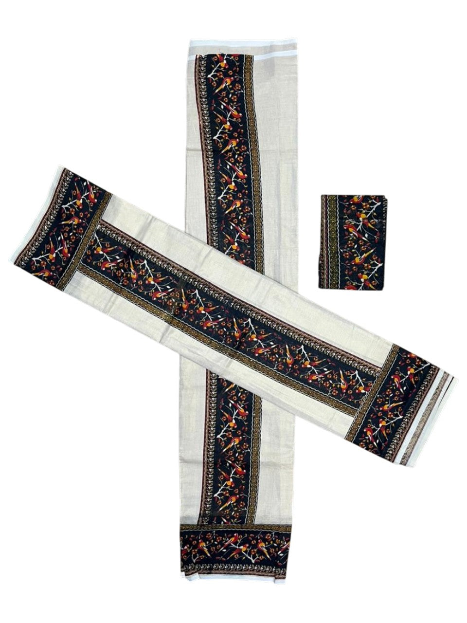 Southloom Tissue Single Set Mundu (Mundu Neriyathum) With Digital Print in Black (With Blouse Piece) 2.80 Mtrs SL409