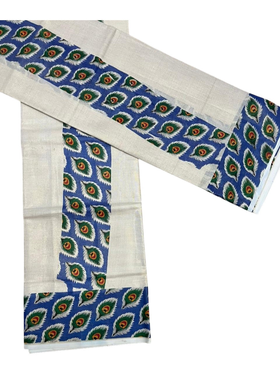 Southloom Tissue Single Set Mundu (Mundu Neriyathum) With Peacock Feather Digital Print in Blue (With Blouse Piece) 2.80 Mtrs SL409