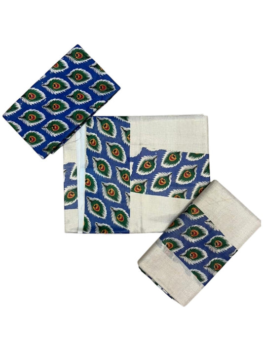 Southloom Tissue Single Set Mundu (Mundu Neriyathum) With Peacock Feather Digital Print in Blue (With Blouse Piece) 2.80 Mtrs SL409