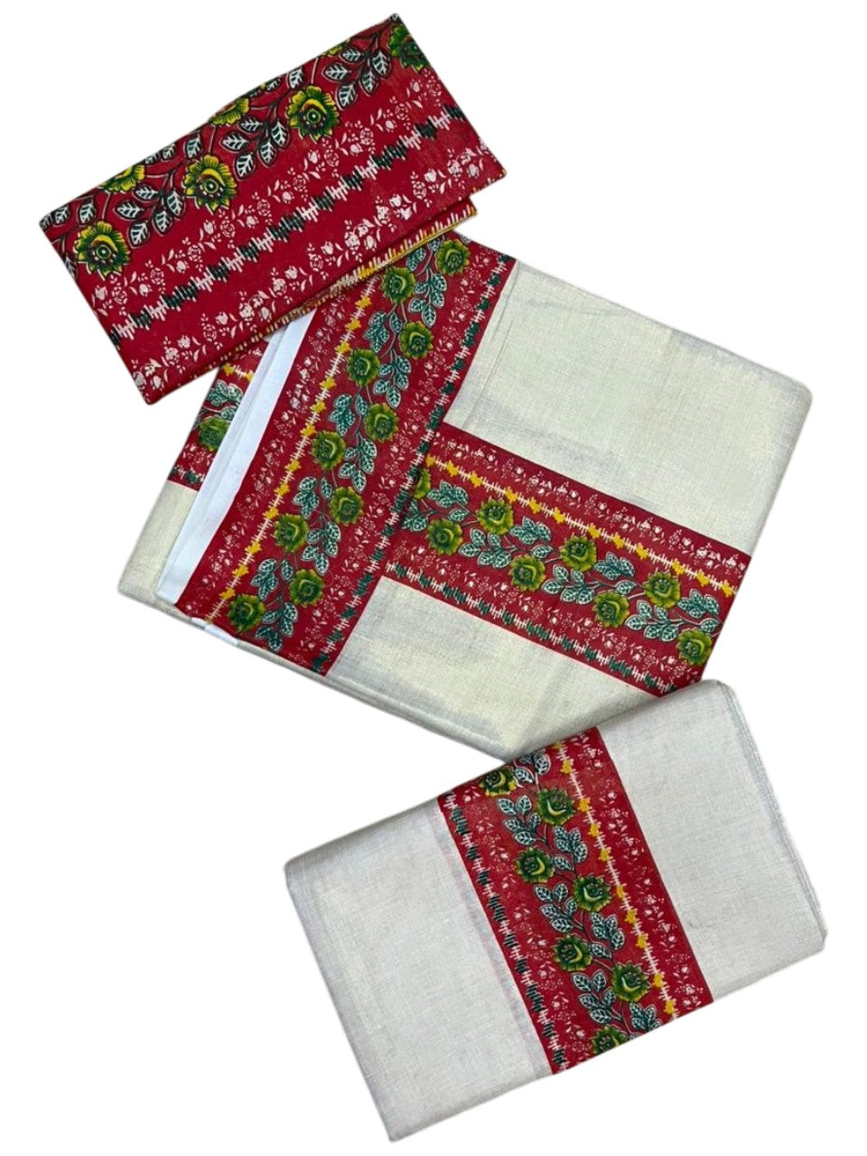 Southloom Tissue Single Set Mundu (Mundu Neriyathum) With Digital Print in Red (With Blouse Piece) 2.80 Mtrs SL409