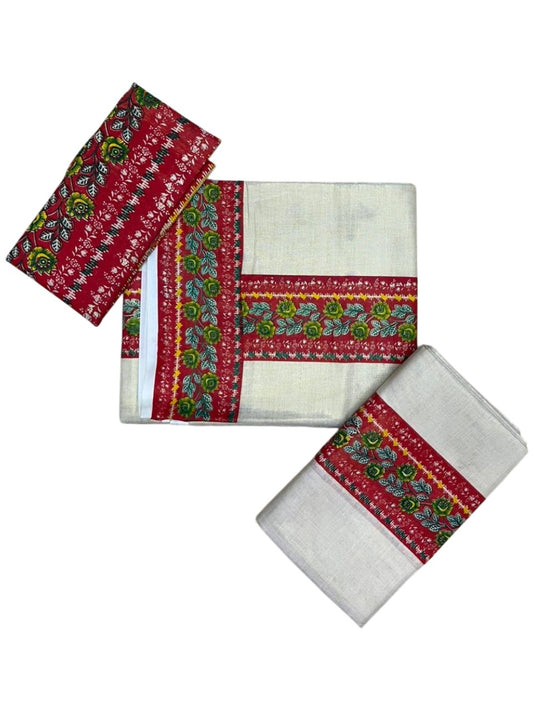 Southloom Tissue Single Set Mundu (Mundu Neriyathum) With Digital Print in Red (With Blouse Piece) 2.80 Mtrs SL409