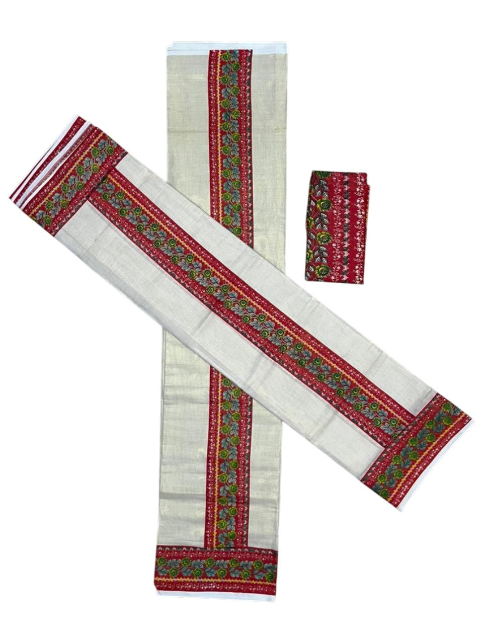 Southloom Tissue Single Set Mundu (Mundu Neriyathum) With Digital Print in Red (With Blouse Piece) 2.80 Mtrs SL409