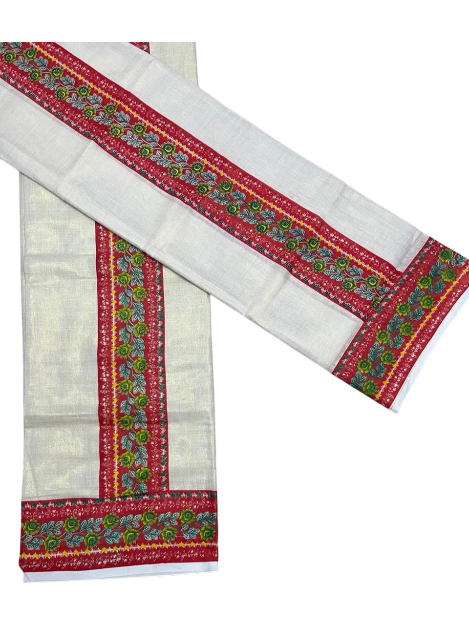 Southloom Tissue Single Set Mundu (Mundu Neriyathum) With Digital Print in Red (With Blouse Piece) 2.80 Mtrs SL409