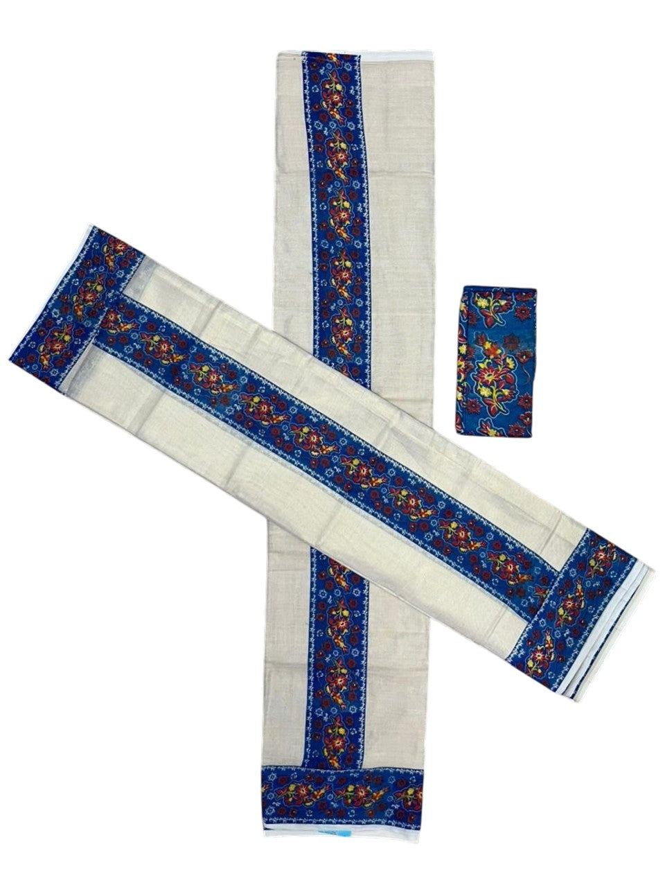 Southloom Tissue Single Set Mundu (Mundu Neriyathum) With Digital Print in Blue (With Blouse Piece) 2.80 Mtrs SL409