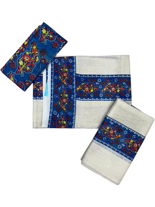 Southloom Tissue Single Set Mundu (Mundu Neriyathum) With Digital Print in Blue (With Blouse Piece) 2.80 Mtrs SL409