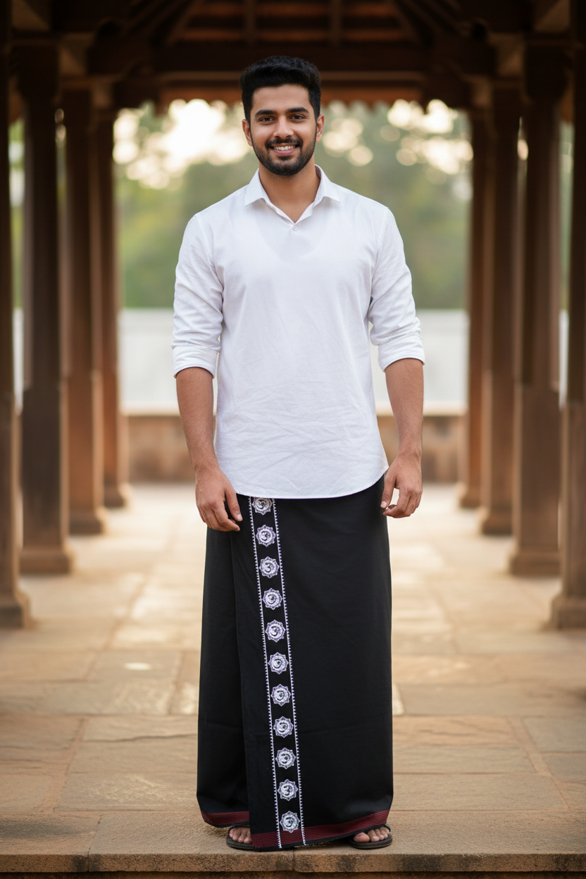 Southloom Black Printed Single Mundu / Otta Mundu / Lungi (South Indian Kerala Dhoti) SL319
