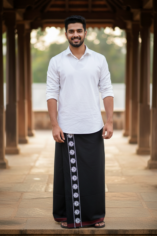 Southloom Black Printed Single Mundu / Otta Mundu / Lungi (South Indian Kerala Dhoti)