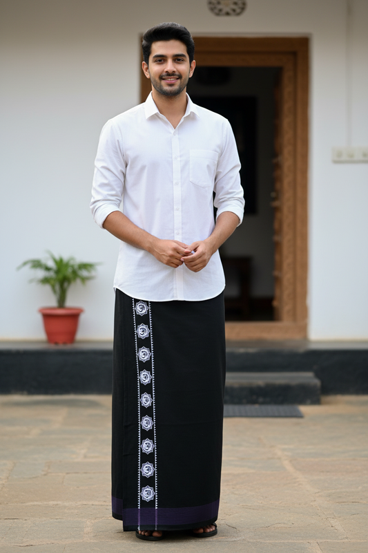 Southloom Black Printed Single Mundu / Otta Mundu / Lungi (South Indian Kerala Dhoti)