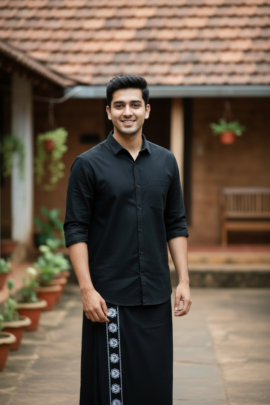 Southloom Black Printed Single Mundu / Otta Mundu / Lungi (South Indian Kerala Dhoti)