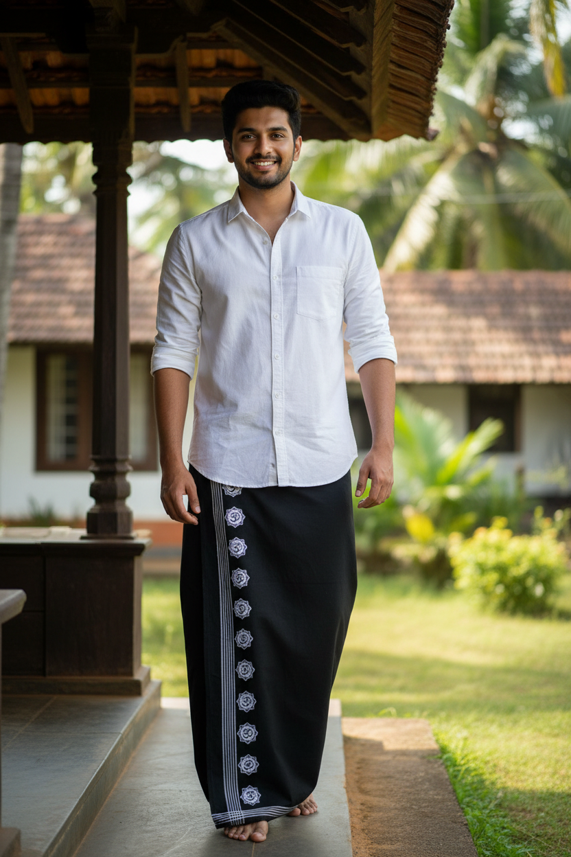 Southloom Black Printed Single Mundu / Otta Mundu / Lungi (South Indian Kerala Dhoti) SL319