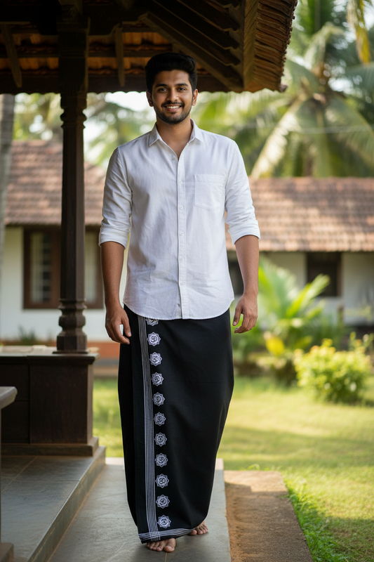 Southloom Black Printed Single Mundu / Otta Mundu / Lungi (South Indian Kerala Dhoti)