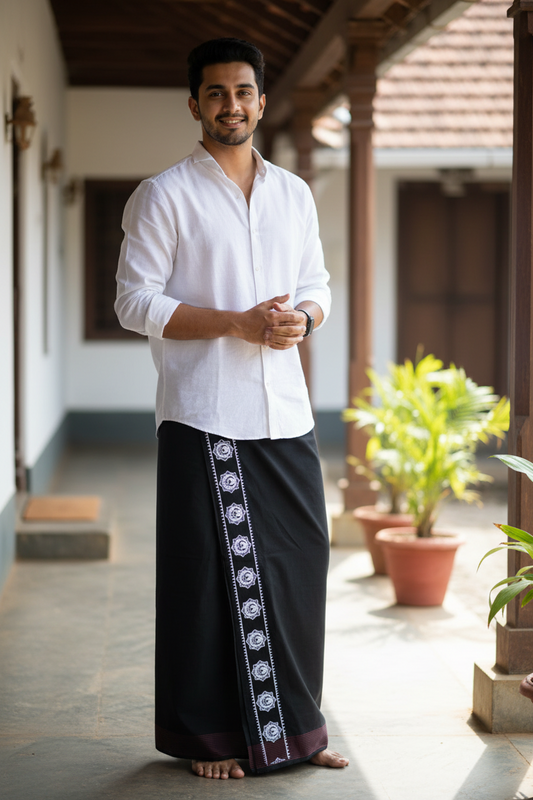 Southloom Black Printed Single Mundu / Otta Mundu / Lungi (South Indian Kerala Dhoti)