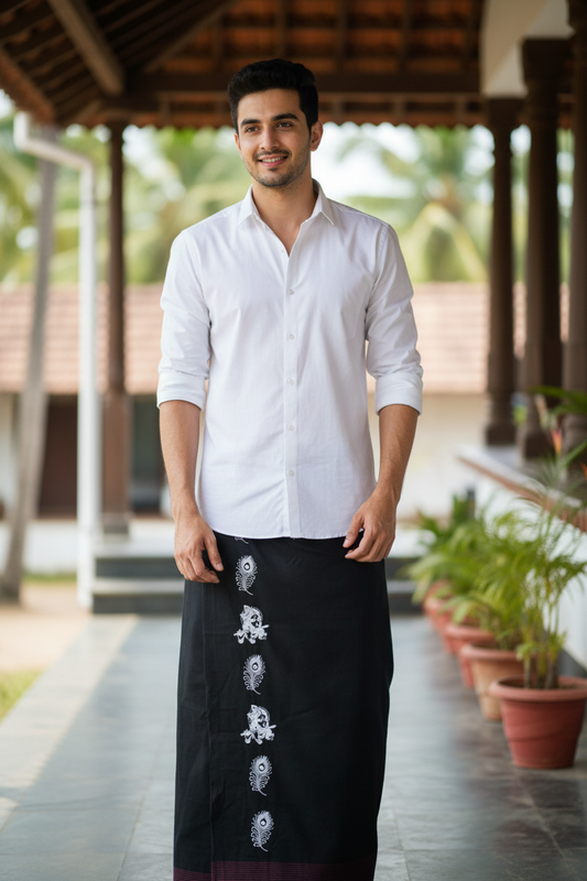 Southloom Black Printed Single Mundu / Otta Mundu / Lungi (South Indian Kerala Dhoti)