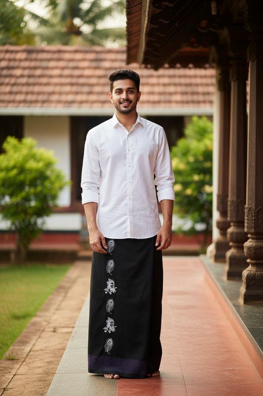 Southloom Black Printed Single Mundu / Otta Mundu / Lungi (South Indian Kerala Dhoti)