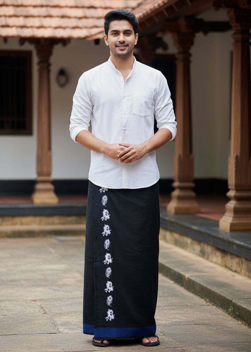 Southloom Black Printed Single Mundu / Otta Mundu / Lungi (South Indian Kerala Dhoti) SL319