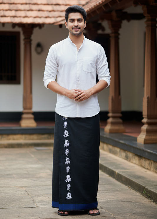 Southloom Black Printed Single Mundu / Otta Mundu / Lungi (South Indian Kerala Dhoti)