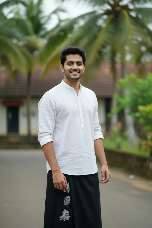 Southloom Black Printed Single Mundu / Otta Mundu / Lungi (South Indian Kerala Dhoti)