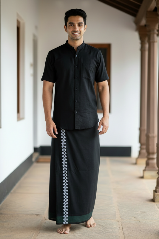 Southloom Black Printed Single Mundu / Otta Mundu / Lungi (South Indian Kerala Dhoti)
