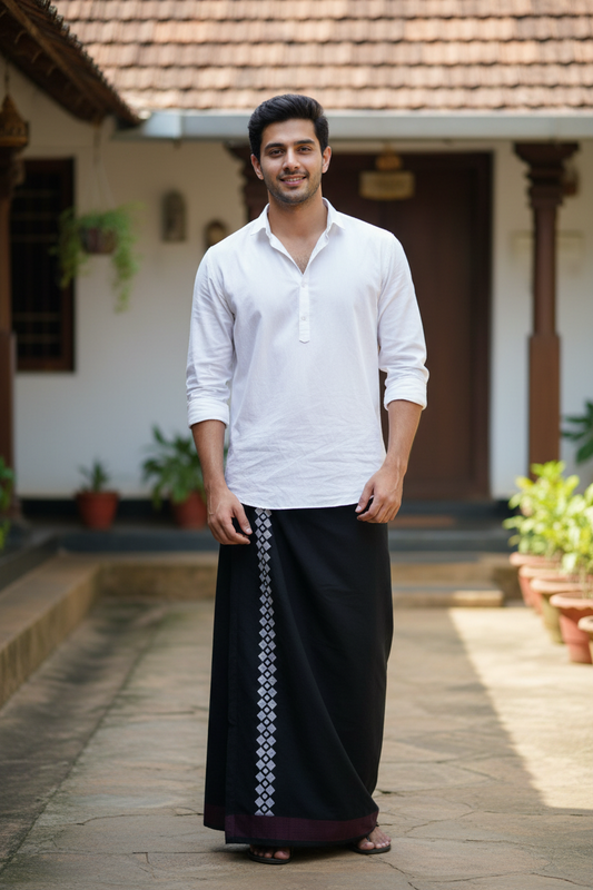 Southloom Black Printed Single Mundu / Otta Mundu / Lungi (South Indian Kerala Dhoti)