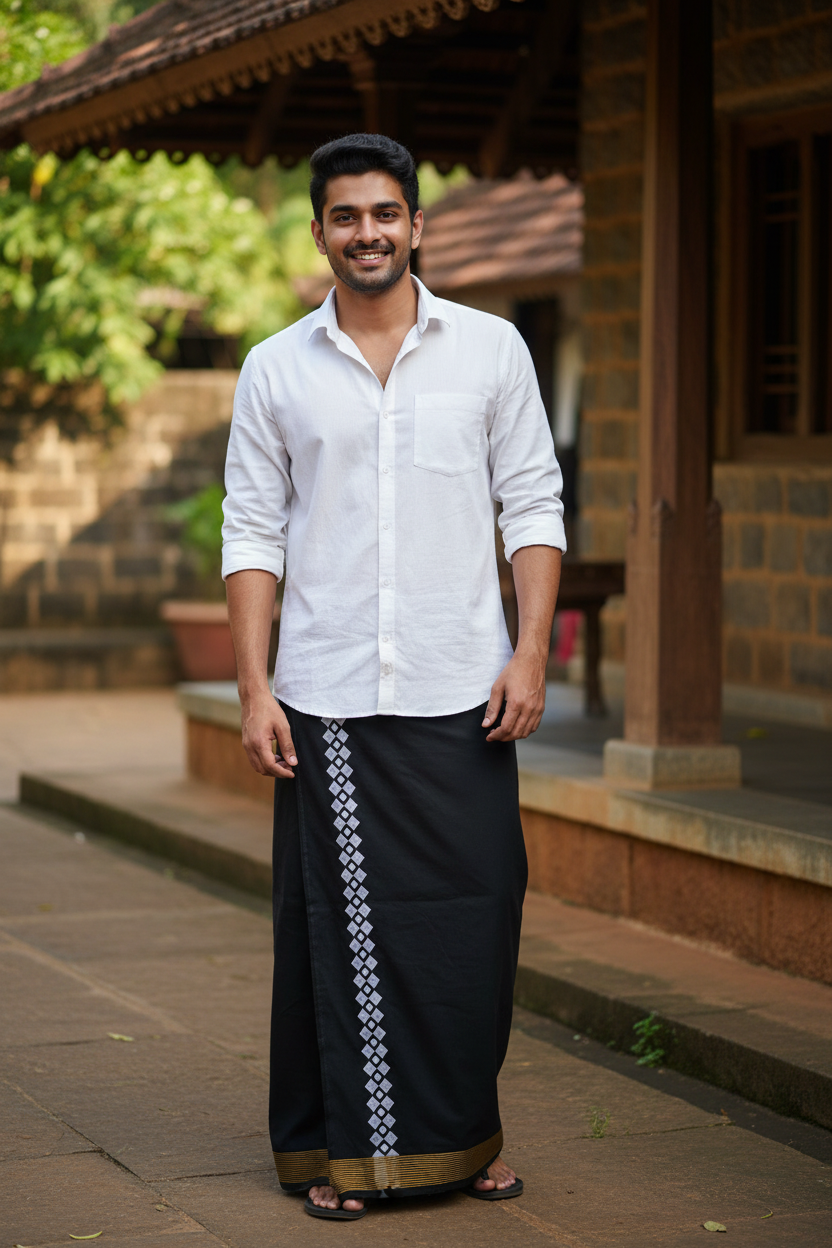 Southloom Black Printed Single Mundu / Otta Mundu / Lungi (South Indian Kerala Dhoti) SL319