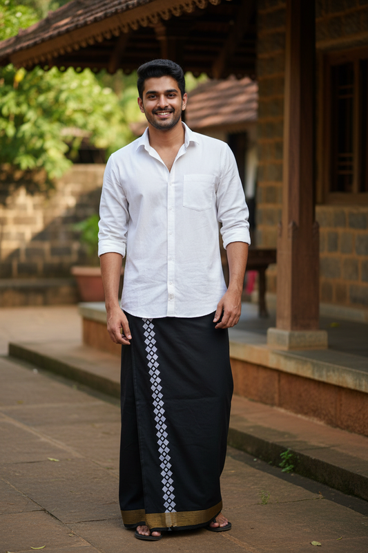 Southloom Black Printed Single Mundu / Otta Mundu / Lungi (South Indian Kerala Dhoti)