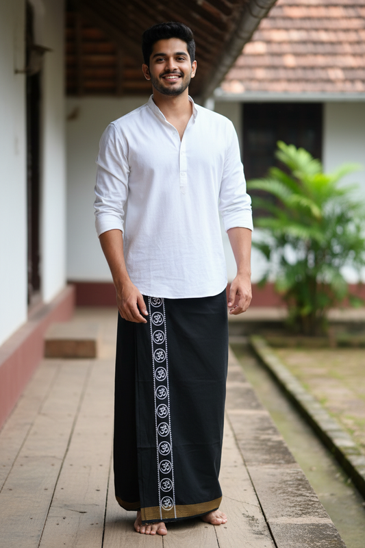 Southloom Black Printed Single Mundu / Otta Mundu / Lungi (South Indian Kerala Dhoti)