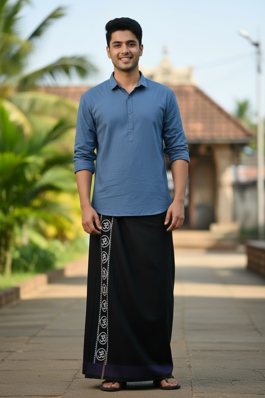 Southloom Black Printed Single Mundu / Otta Mundu / Lungi (South Indian Kerala Dhoti)