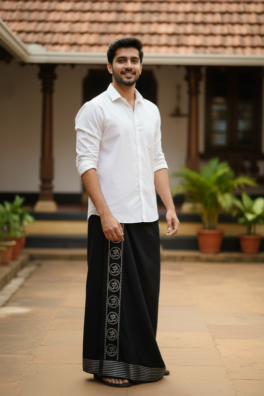 Southloom Black Printed Single Mundu / Otta Mundu / Lungi (South Indian Kerala Dhoti)
