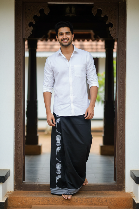 Southloom Black Printed Single Mundu / Otta Mundu / Lungi (South Indian Kerala Dhoti)