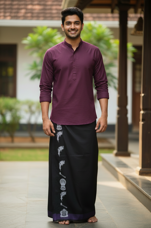 Southloom Black Printed Single Mundu / Otta Mundu / Lungi (South Indian Kerala Dhoti)