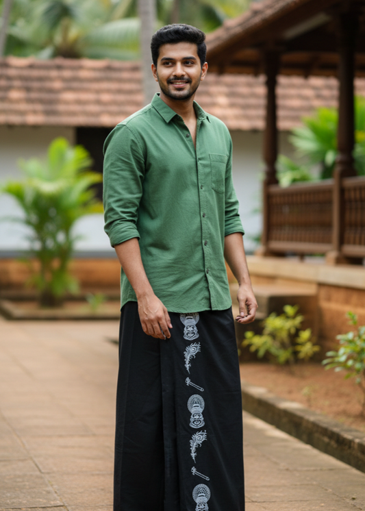 Southloom Black Printed Single Mundu / Otta Mundu / Lungi (South Indian Kerala Dhoti)
