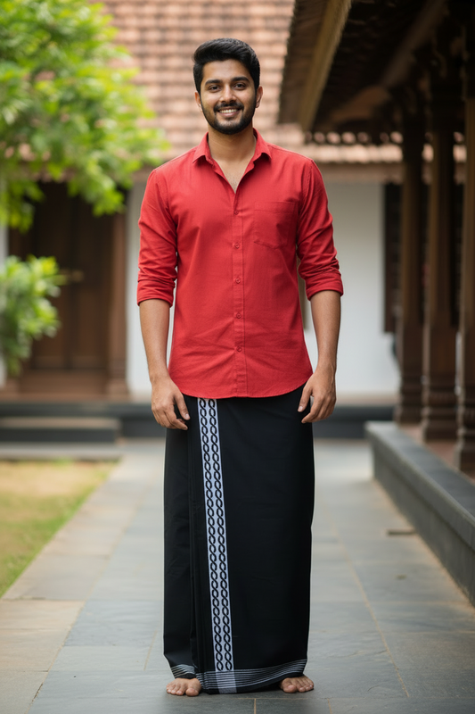 Southloom Black Printed Single Mundu / Otta Mundu / Lungi (South Indian Kerala Dhoti)