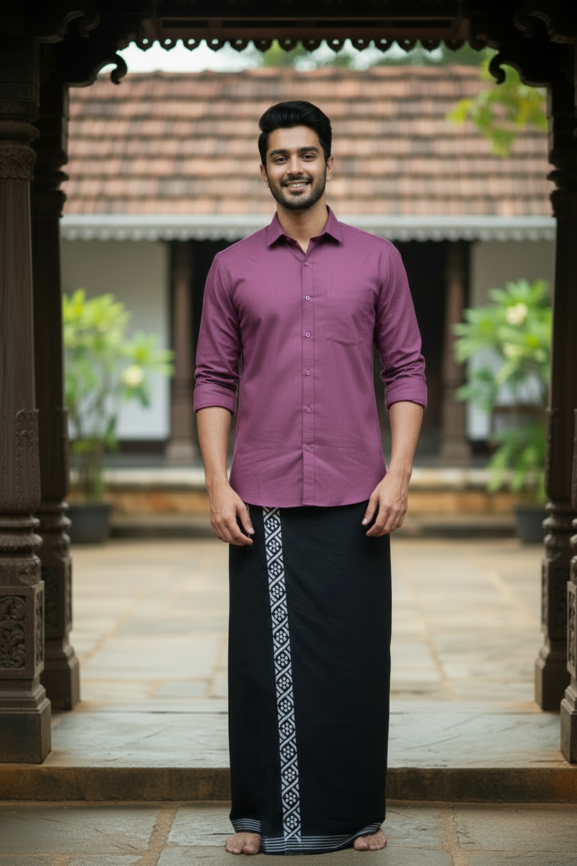 Southloom Black Printed Single Mundu / Otta Mundu / Lungi (South Indian Kerala Dhoti) SL319