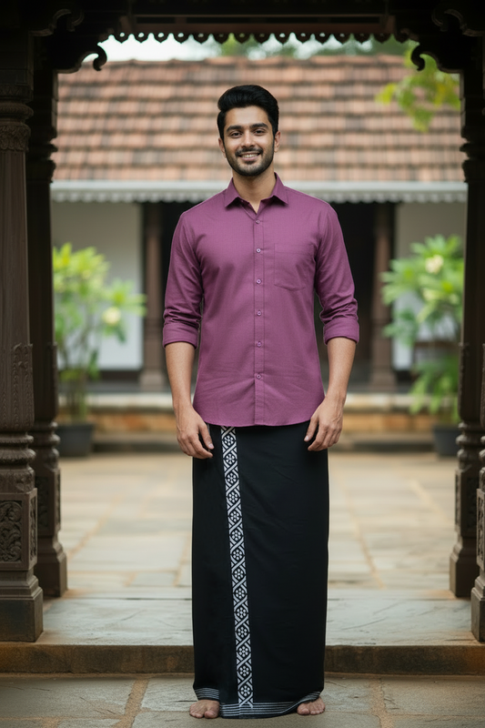 Southloom Black Printed Single Mundu / Otta Mundu / Lungi (South Indian Kerala Dhoti)
