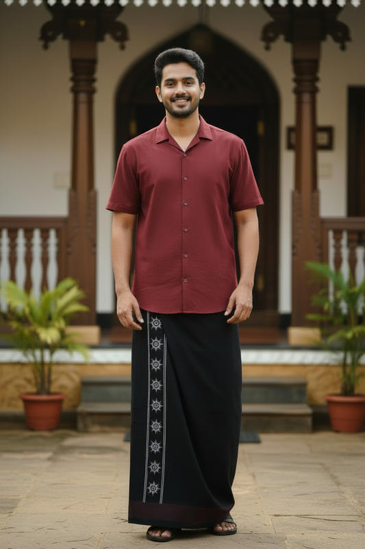 Southloom Black Printed Single Mundu / Otta Mundu / Lungi (South Indian Kerala Dhoti)