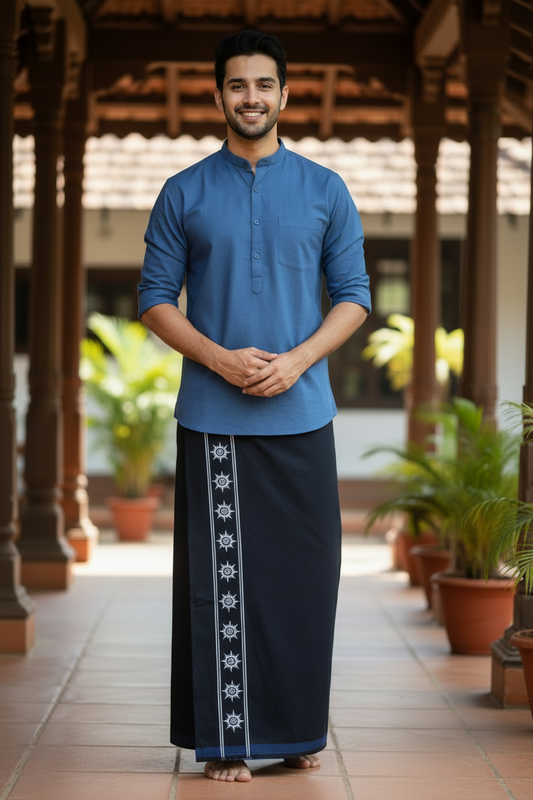 Southloom Black Printed Single Mundu / Otta Mundu / Lungi (South Indian Kerala Dhoti)