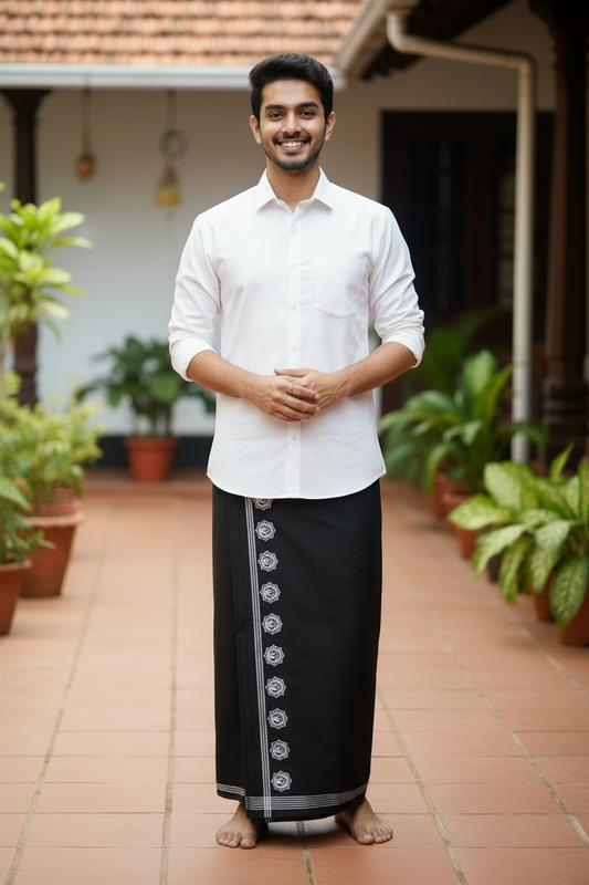 Southloom Black Printed Single Mundu / Otta Mundu / Lungi (South Indian Kerala Dhoti)