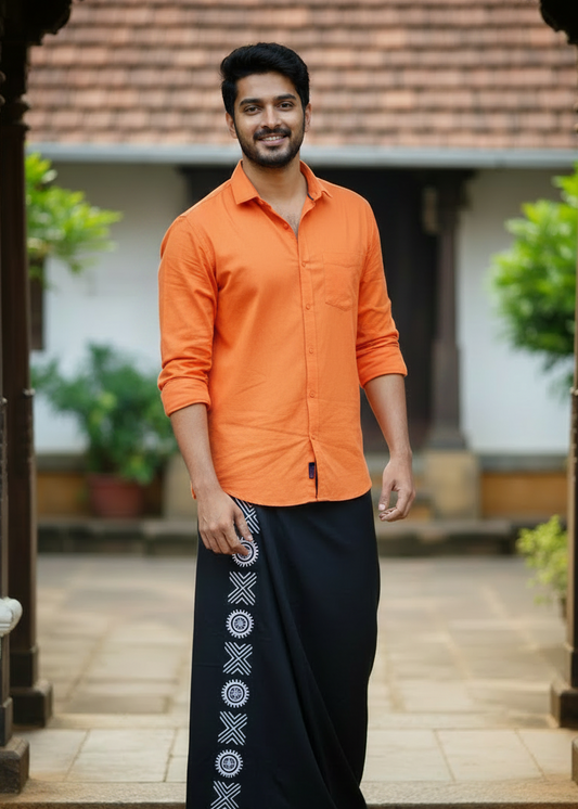Southloom Black Printed Single Mundu / Otta Mundu / Lungi (South Indian Kerala Dhoti)