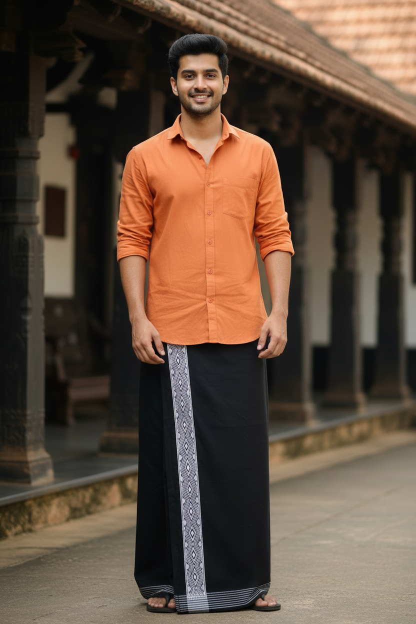 Southloom Black Printed Single Mundu / Otta Mundu / Lungi (South Indian Kerala Dhoti) SL319