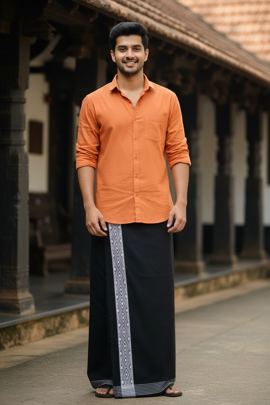 Southloom Black Printed Single Mundu / Otta Mundu / Lungi (South Indian Kerala Dhoti)