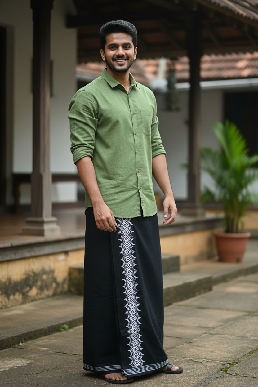Southloom Black Printed Single Mundu / Otta Mundu / Lungi (South Indian Kerala Dhoti) SL319