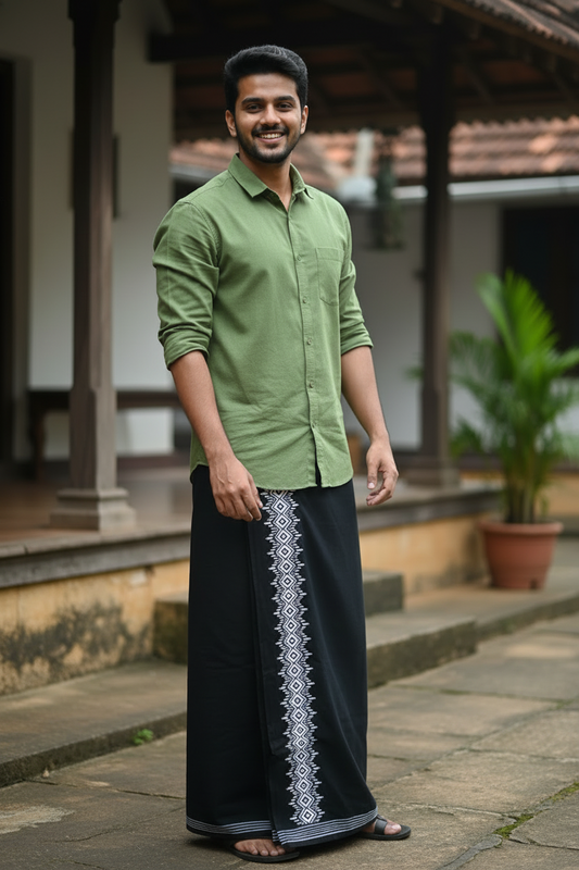 Southloom Black Printed Single Mundu / Otta Mundu / Lungi (South Indian Kerala Dhoti)