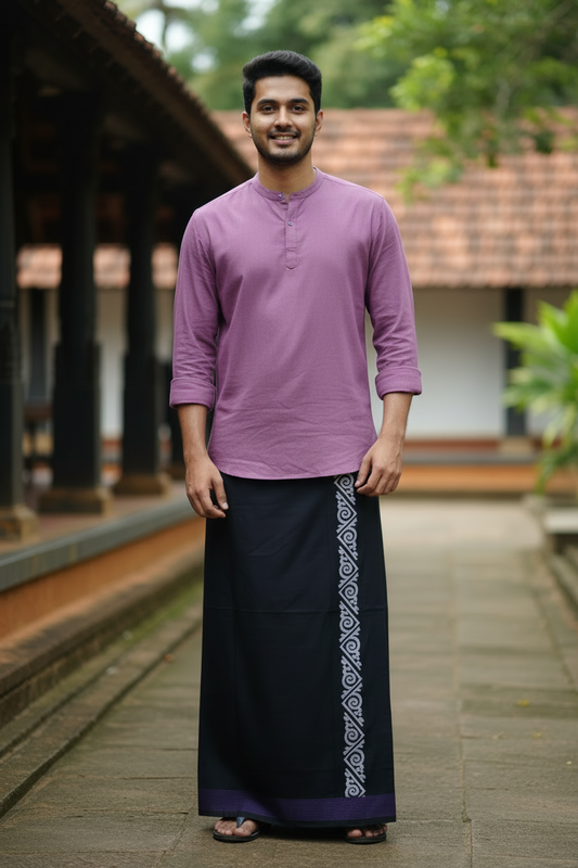 Southloom Black Printed Single Mundu / Otta Mundu / Lungi (South Indian Kerala Dhoti)