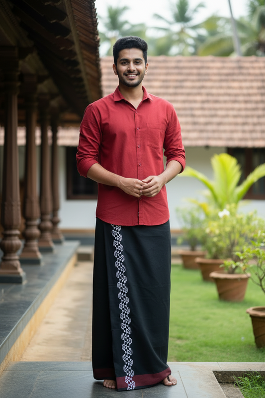 Southloom Black Printed Single Mundu / Otta Mundu / Lungi (South Indian Kerala Dhoti)