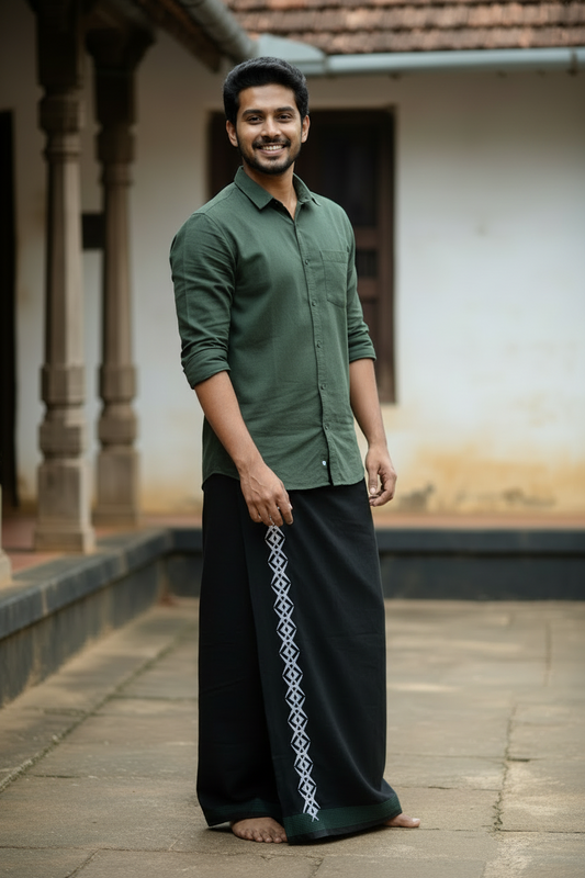 Southloom Black Printed Single Mundu / Otta Mundu / Lungi (South Indian Kerala Dhoti)