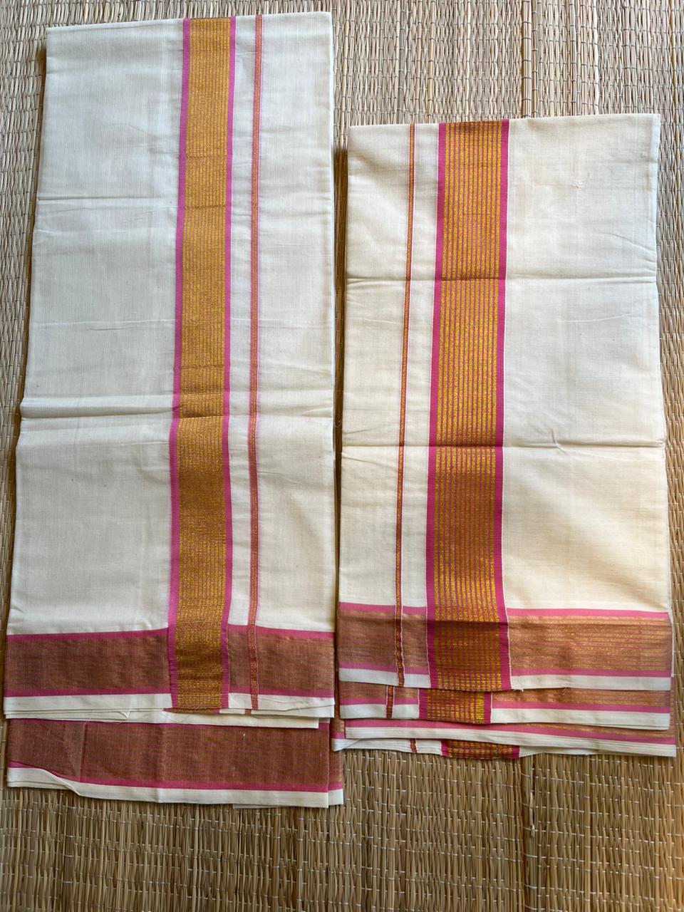 Kerala Cotton Single Set Mundu With Pink And Golden Kasavu Border (2.80 mtrs) SL413