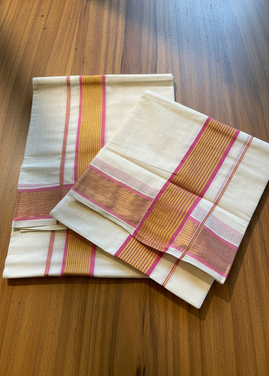 Kerala Cotton Single Set Mundu With Pink And Golden Kasavu Border (2.80 mtrs) SL413